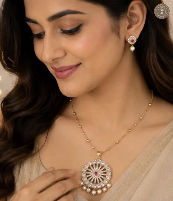 Moissanite Kundan Pearl Pendant Necklace Set