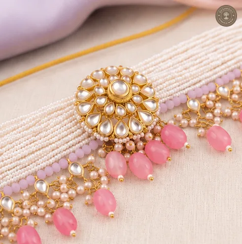 Gulabi Noor Kundan Pearl & Pink Quartz Choker Necklace Set