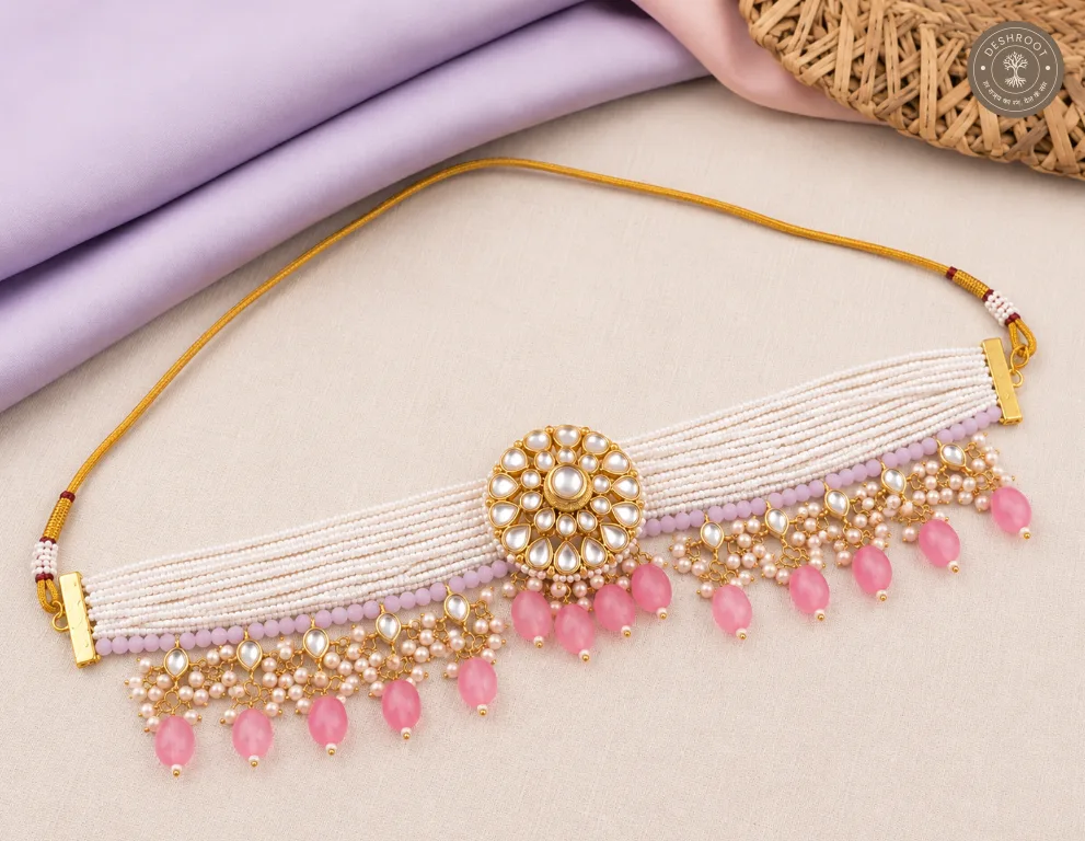 Gulabi Noor Kundan Pearl & Pink Quartz Choker Necklace Set