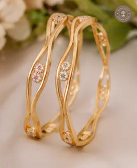 A.D. Diamond Micro Polish High Golden Bangles with Floral Stone Detailing