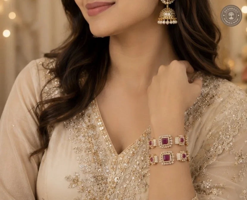 Traditional Ruby Kundan Pearl Gold-Plated hand gajra