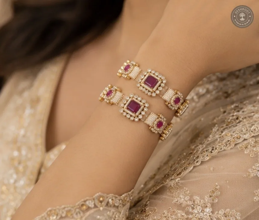 Traditional Ruby Kundan Pearl Gold-Plated hand gajra