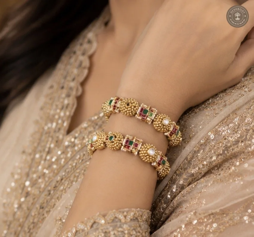 Traditional Gold Hand Gajra with Ruby & Emerald Detailing