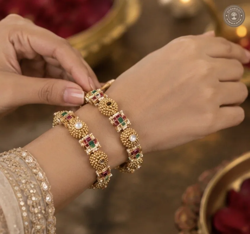 Traditional Gold Hand Gajra with Ruby & Emerald Detailing