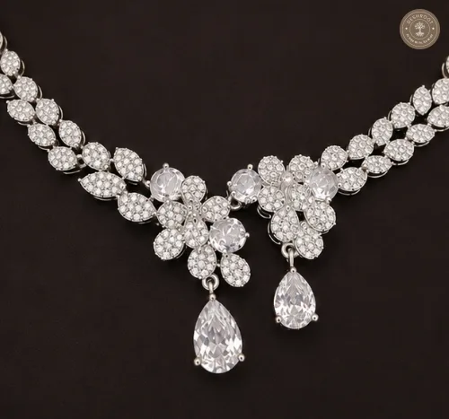 Celestia Bloom AD Diamond Silver-Tone Floral Necklace & Earrings Set