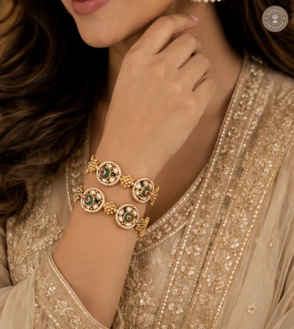 Traditional Handcrafted Gajra with Green Kundan & Ruby Detailing