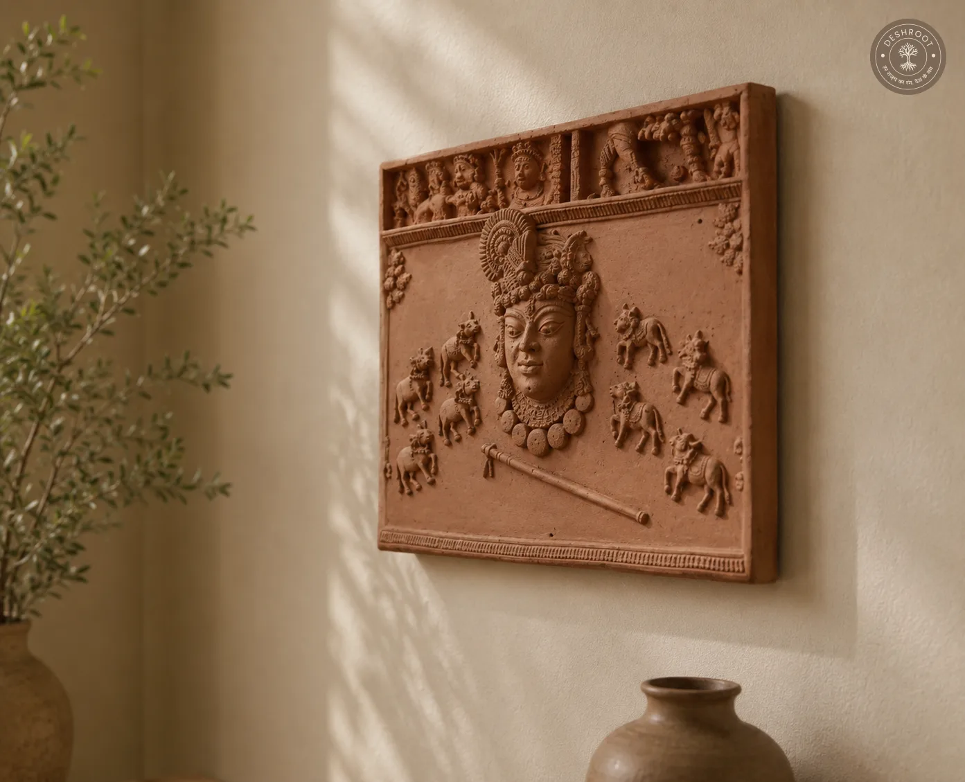 Handcrafted Terracotta Krishna & Cow Wall Relief Panel