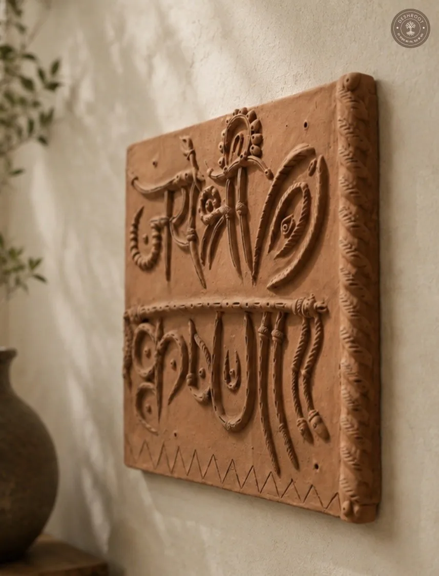 Handcrafted Terracotta Om & Spiritual Mantra Wall Plaque – Rajasthani Clay Art