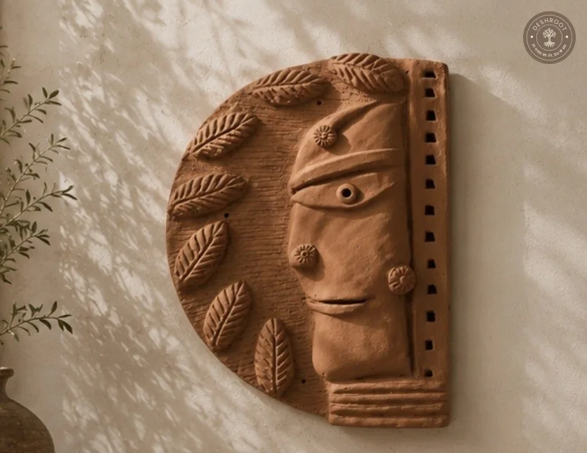 Handcrafted Terracotta Tribal Face Wall Art – Leaf Motif