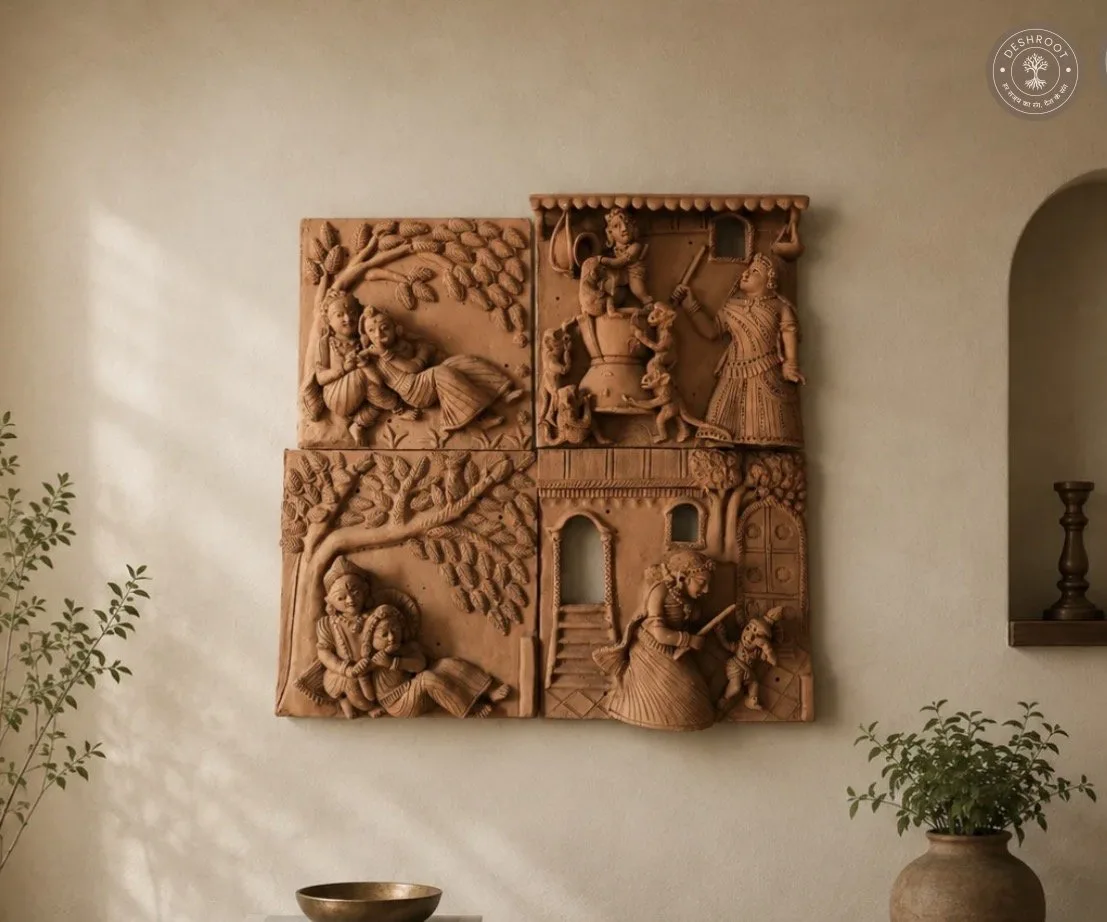 Rajasthani Terracotta Folk Art Wall Panel Set – Traditional Village & Krishna Scenes