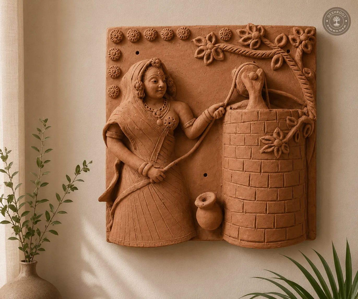 Rajasthani Terracotta Woman & Peacock Wall Relief