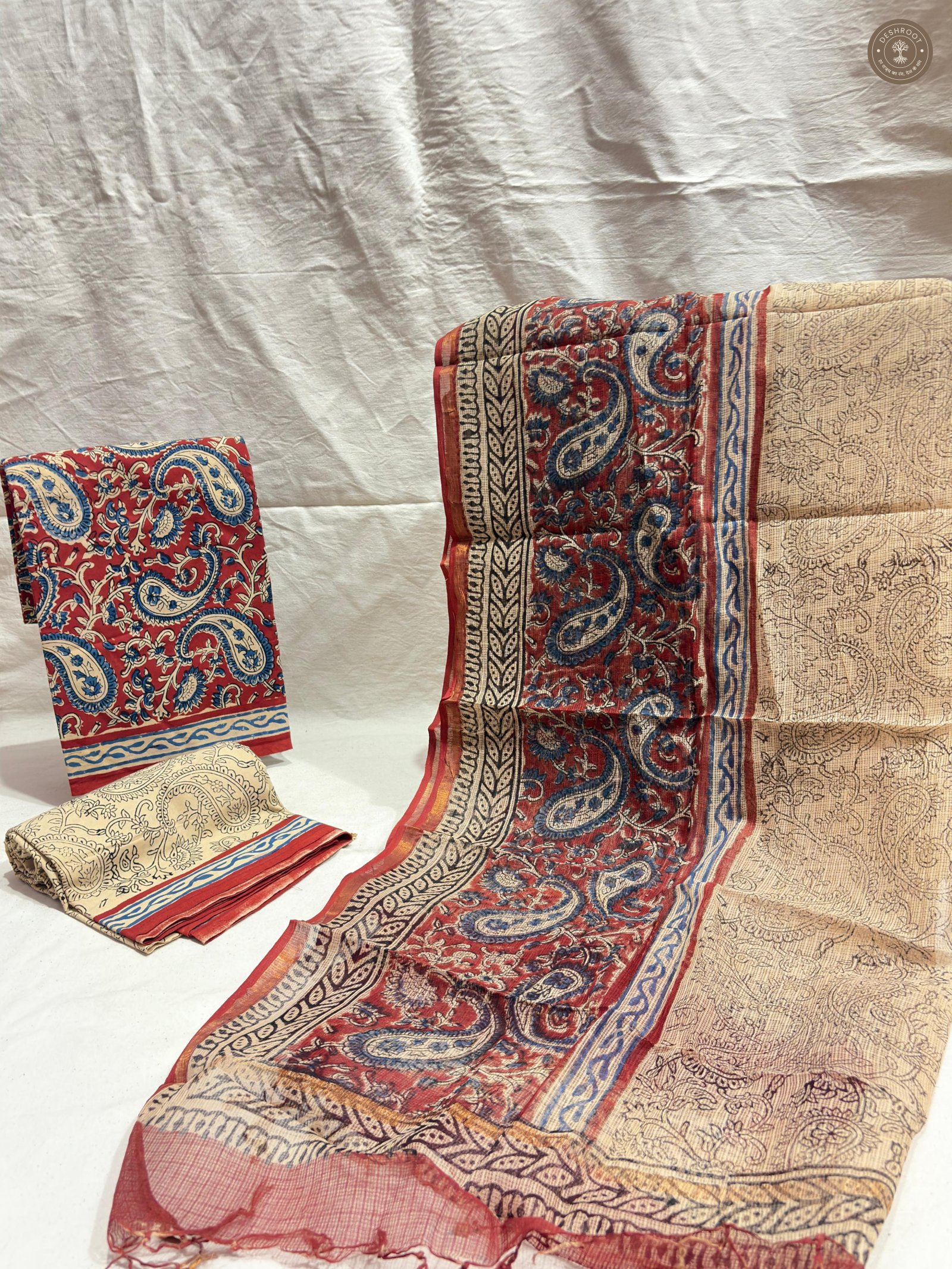 Bagru Bloom Hand Block Printed Cotton Unstitched Suit Set with Kota Doriya Dupatta | 3-Piece Dress Material