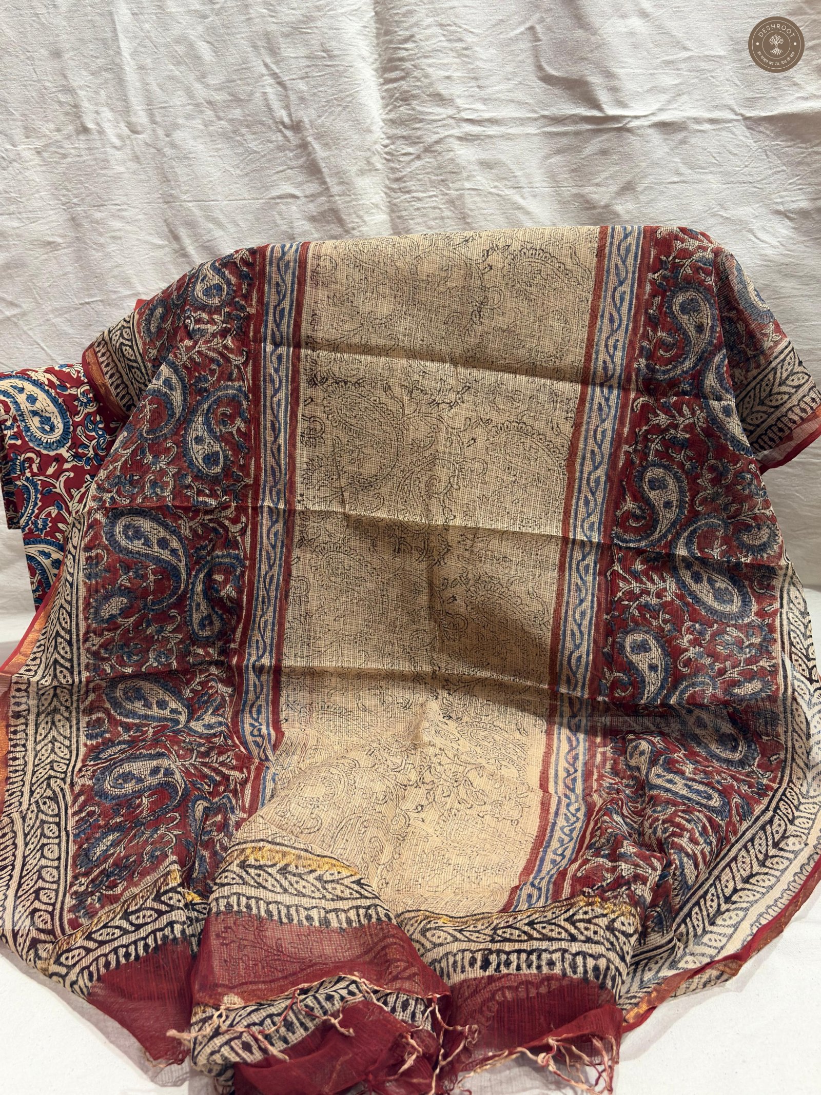 Bagru Bloom Hand Block Printed Cotton Unstitched Suit Set with Kota Doriya Dupatta | 3-Piece Dress Material