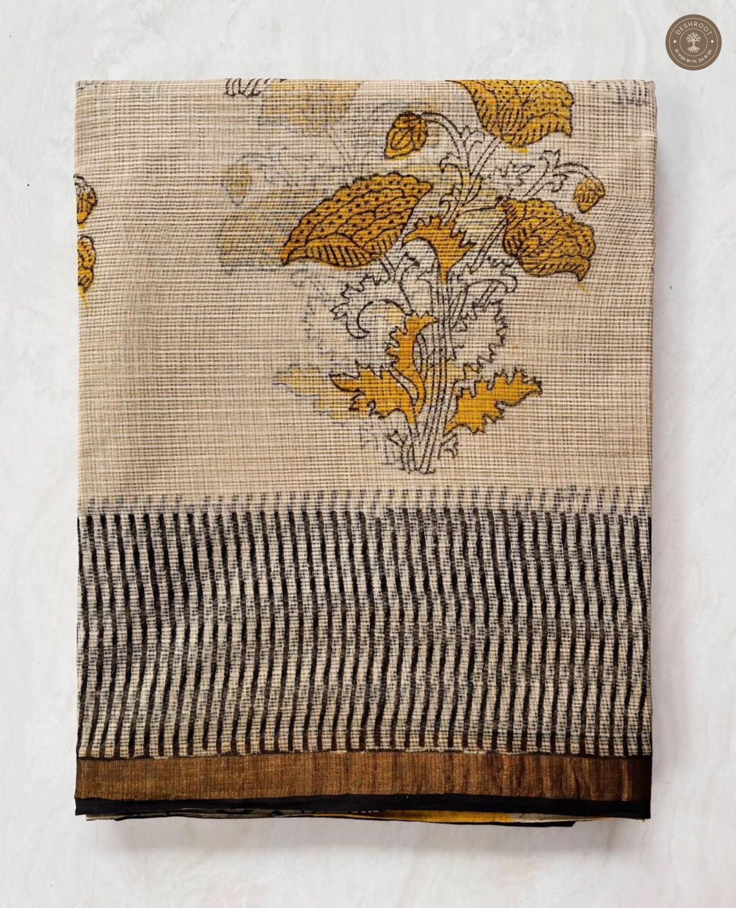 Hand Block Printed Kota Doria Cotton Saree with Blouse Piece
