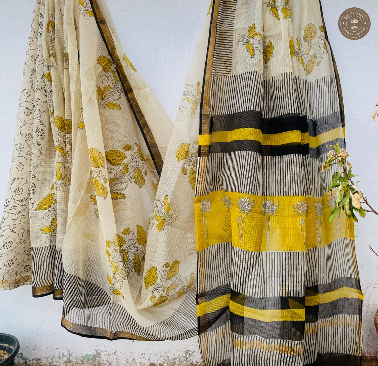 Hand Block Printed Kota Doria Cotton Saree with Blouse Piece