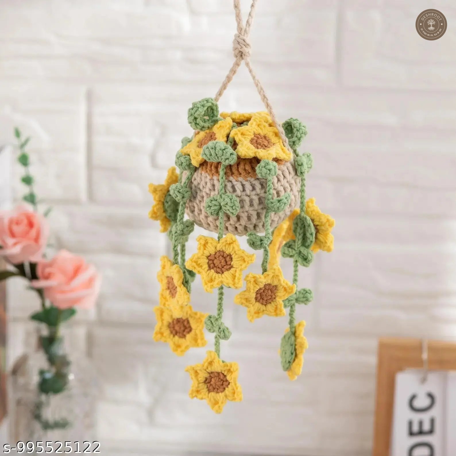 Handmade Crochet Sunflower Hanging Flower Pot - Decorative Knitted Hanging Basket with Cascading Sunflowers