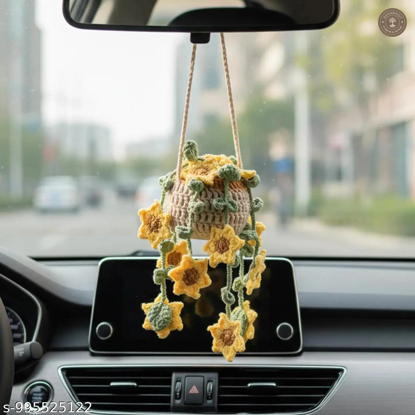 Handmade Crochet Sunflower Hanging Flower Pot - Decorative Knitted Hanging Basket with Cascading Sunflowers
