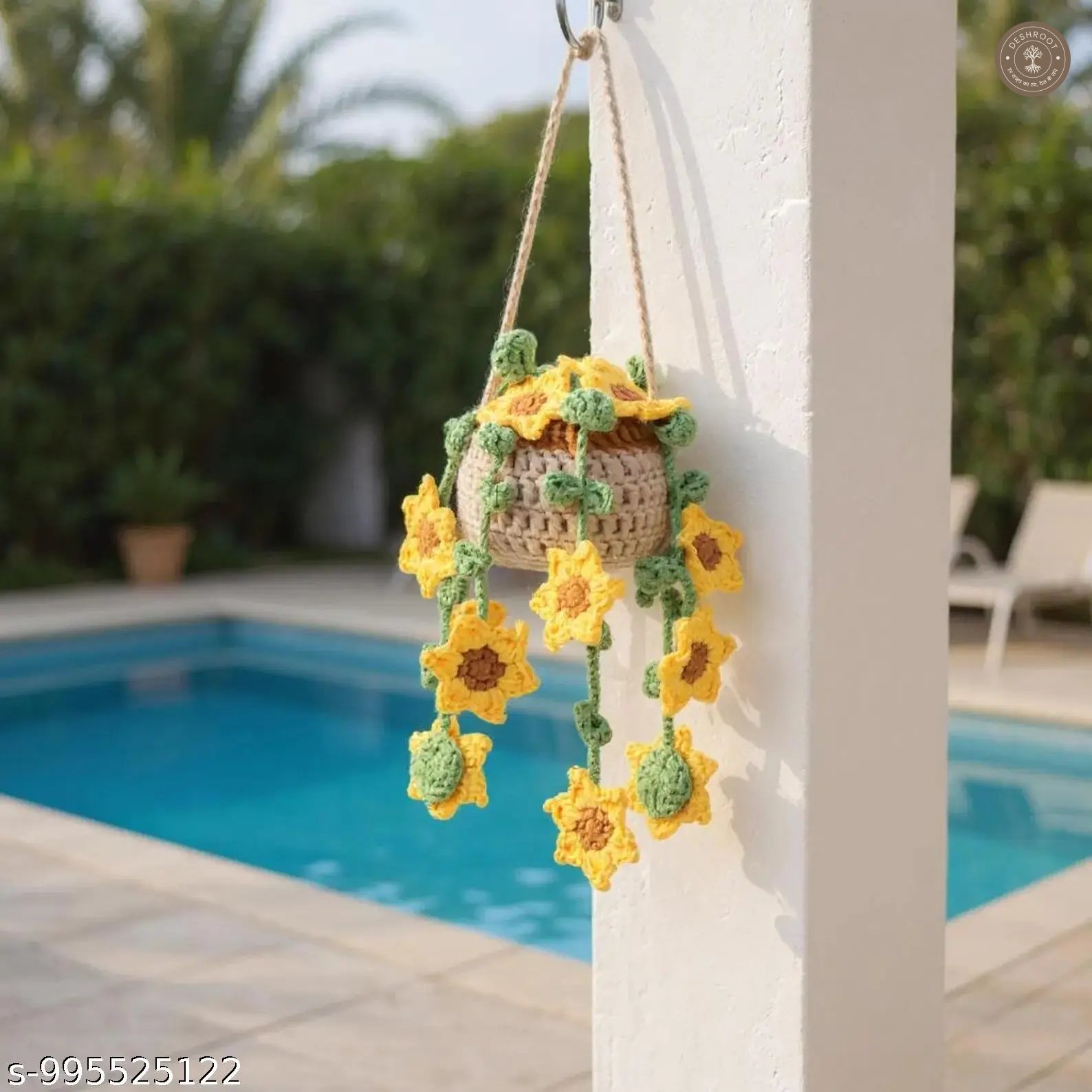 Handmade Crochet Sunflower Hanging Flower Pot - Decorative Knitted Hanging Basket with Cascading Sunflowers