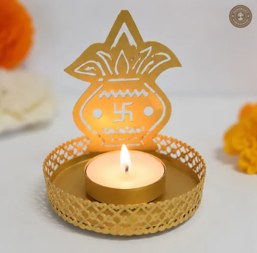Golden Metal Swastik Kalash Shadow Diya Tea Light Candle Holders ( Set of 2 )