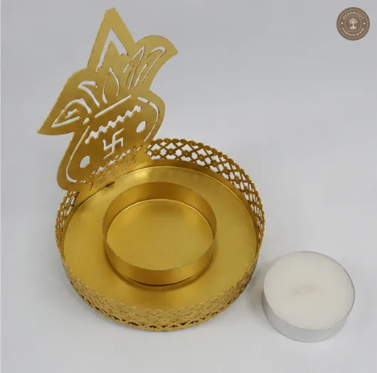 Golden Metal Swastik Kalash Shadow Diya Tea Light Candle Holders ( Set of 2 )