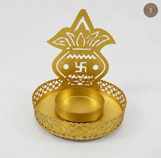 Golden Metal Swastik Kalash Shadow Diya Tea Light Candle Holders ( Set of 2 )