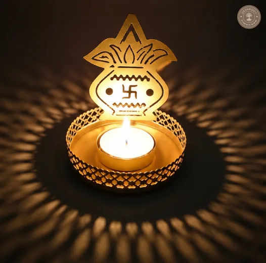 Golden Metal Swastik Kalash Shadow Diya Tea Light Candle Holders ( Set of 2 )