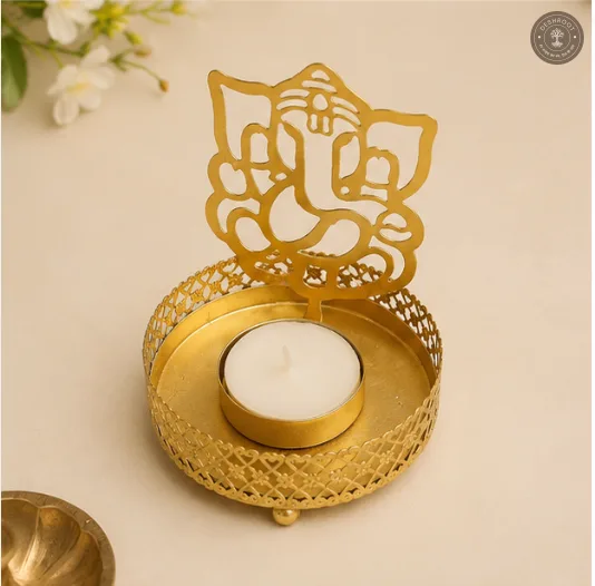 Golden Metal Ganesh Ji Shadow Diya Tea Light Candle Holders – Set of 2