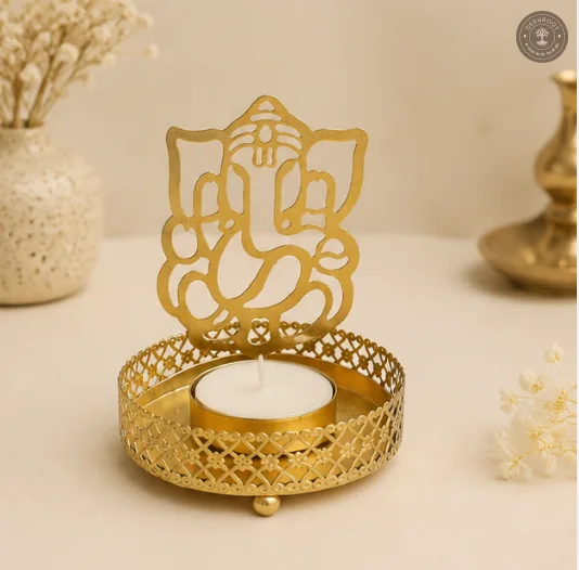 Golden Metal Ganesh Ji Shadow Diya Tea Light Candle Holders – Set of 2