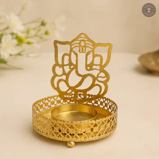Golden Metal Ganesh Ji Shadow Diya Tea Light Candle Holders – Set of 2