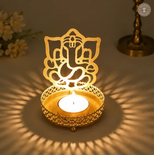 Golden Metal Ganesh Ji Shadow Diya Tea Light Candle Holders – Set of 2