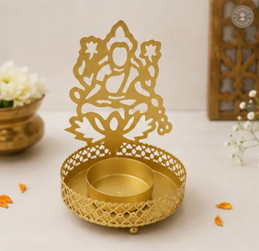 Golden Metal Lakshmi Ji Shadow Diya Tea Light Candle Holders – Set of 2