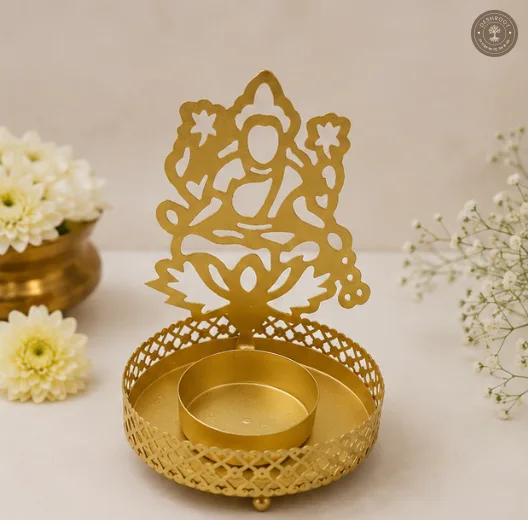 Golden Metal Lakshmi Ji Shadow Diya Tea Light Candle Holders – Set of 2
