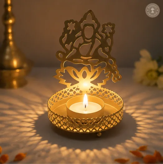 Golden Metal Lakshmi Ji Shadow Diya Tea Light Candle Holders – Set of 2