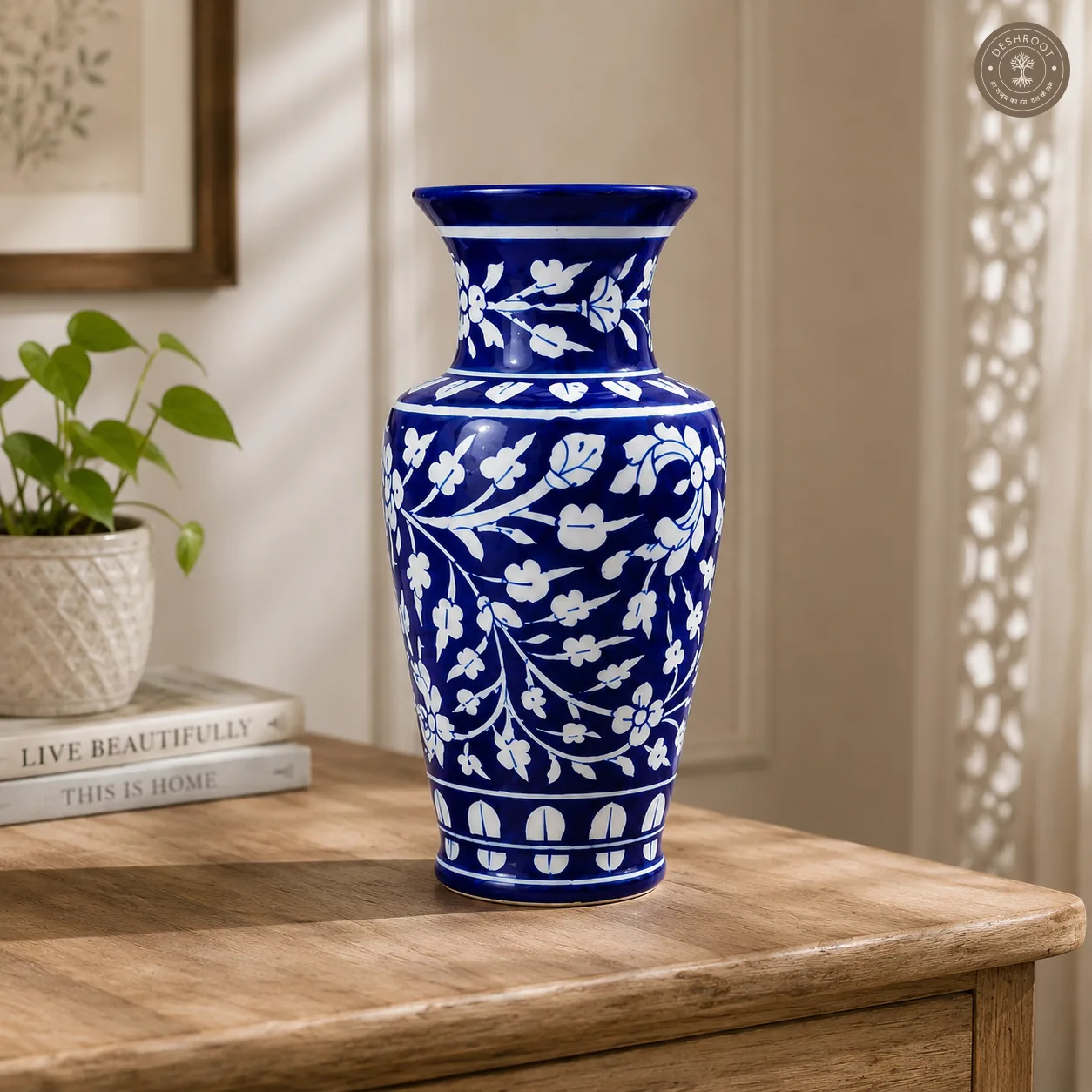 Handcrafted Jaipur Blue Pottery Floral Ceramic Vase