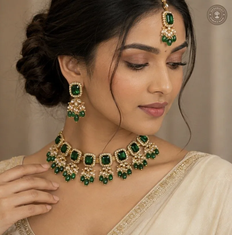 Emerald Pearl Royal Kundan Necklace set