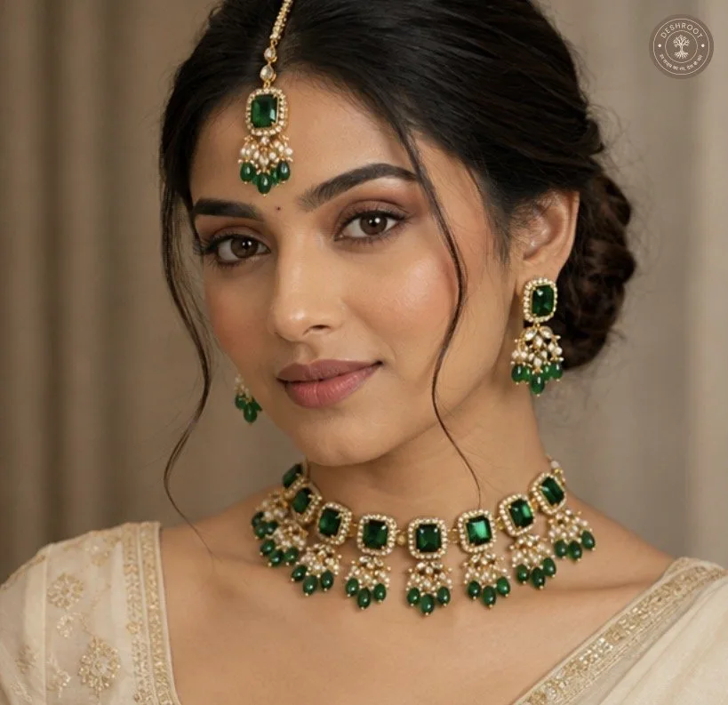 Emerald Pearl Royal Kundan Necklace set
