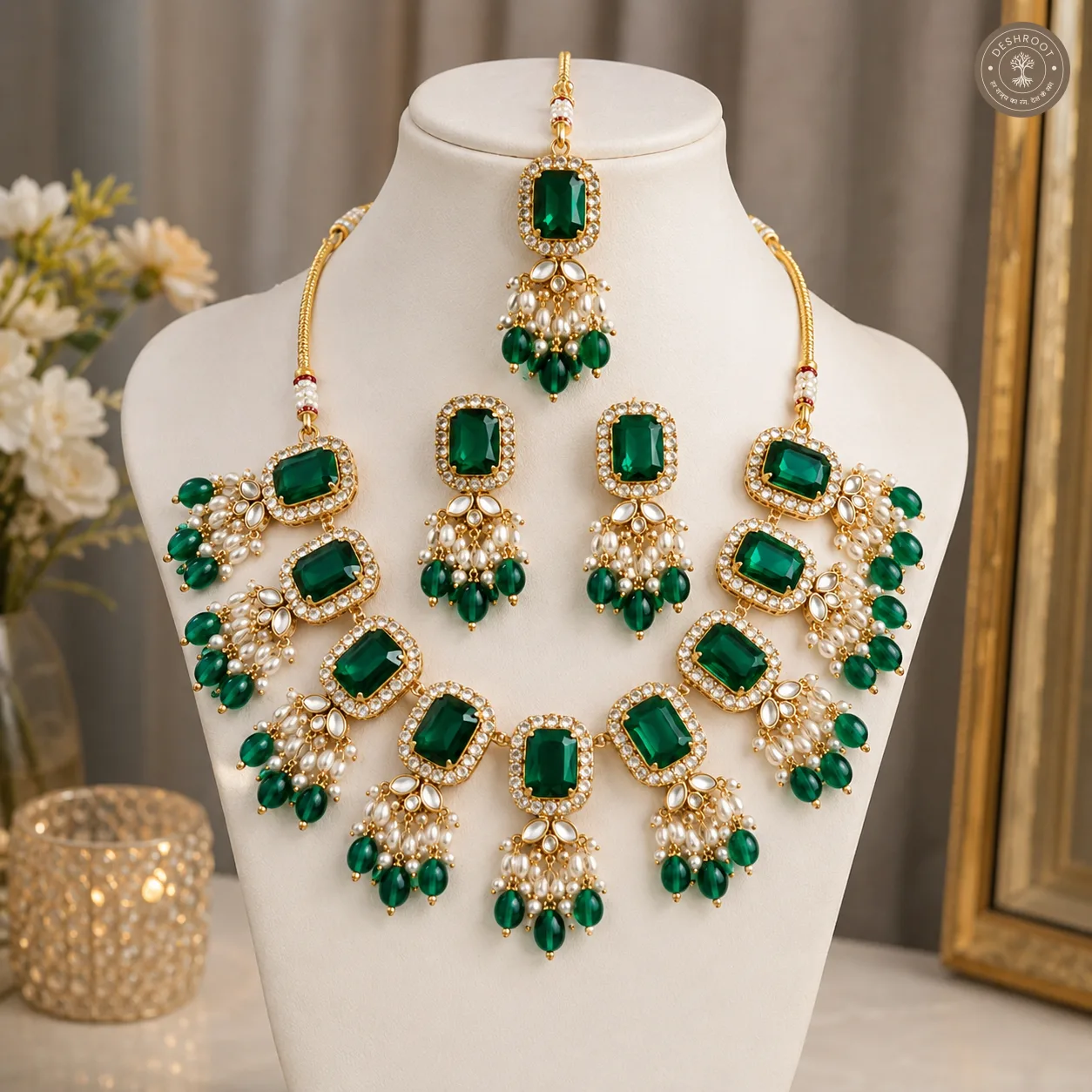 Emerald Pearl Royal Kundan Necklace set