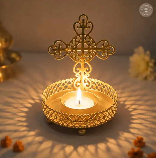 Golden Metal Cross Shadow Diya Tea Light Candle Holders ( Set of 2 )