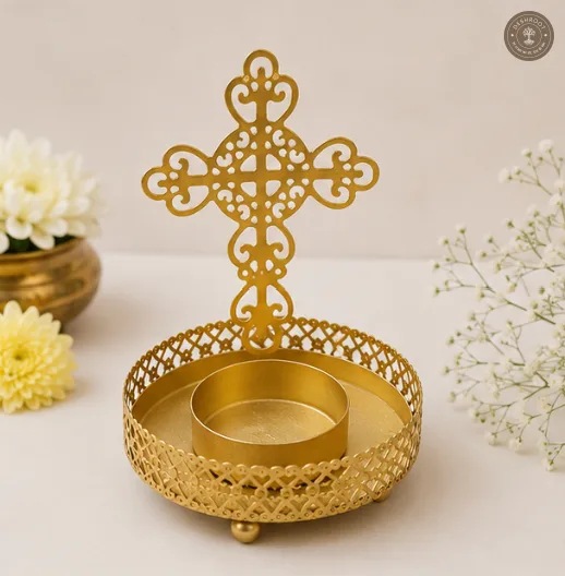 Golden Metal Cross Shadow Diya Tea Light Candle Holders ( Set of 2 )