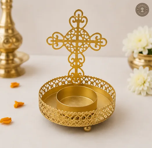 Golden Metal Cross Shadow Diya Tea Light Candle Holders ( Set of 2 )