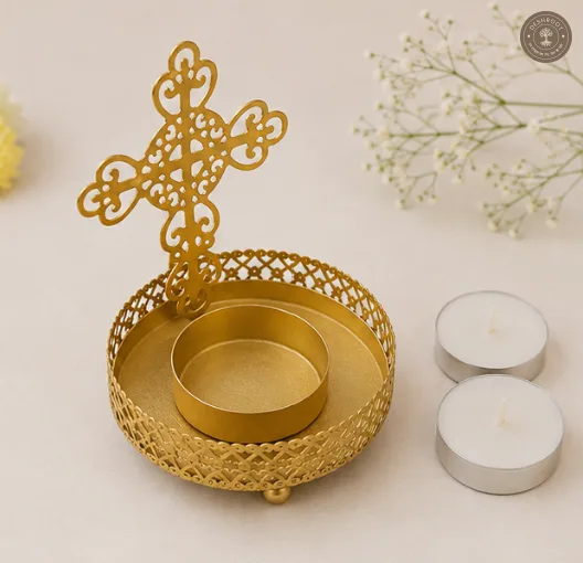Golden Metal Cross Shadow Diya Tea Light Candle Holders ( Set of 2 )