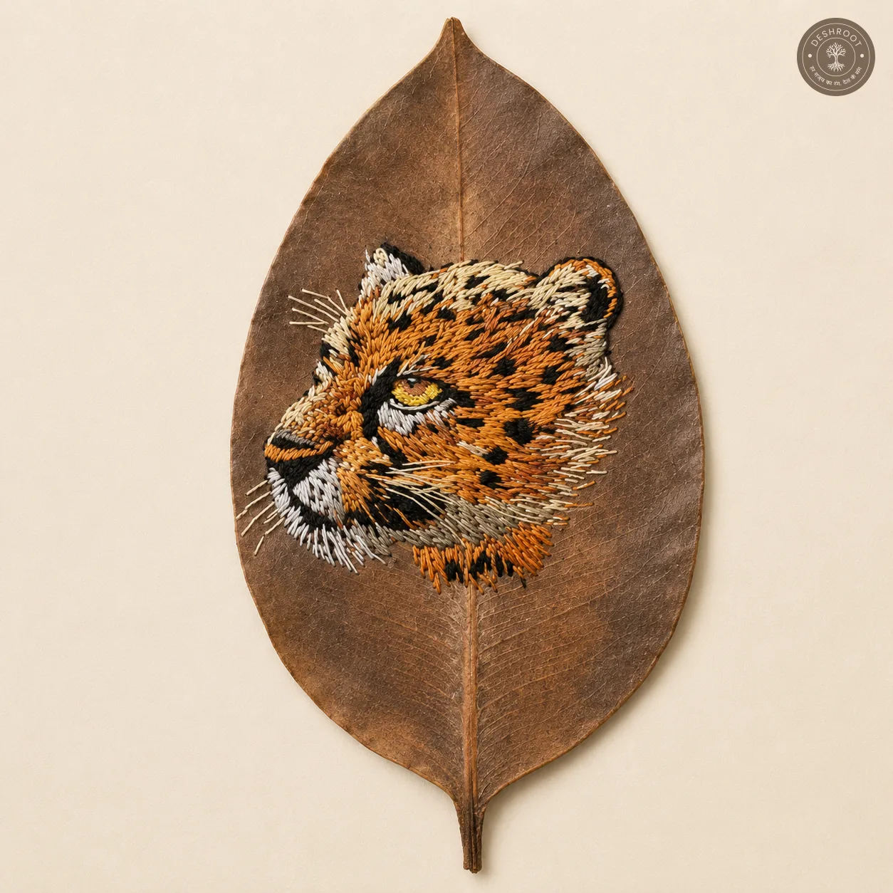 Handcrafted Leopard Embroidered Leaf Art Frame