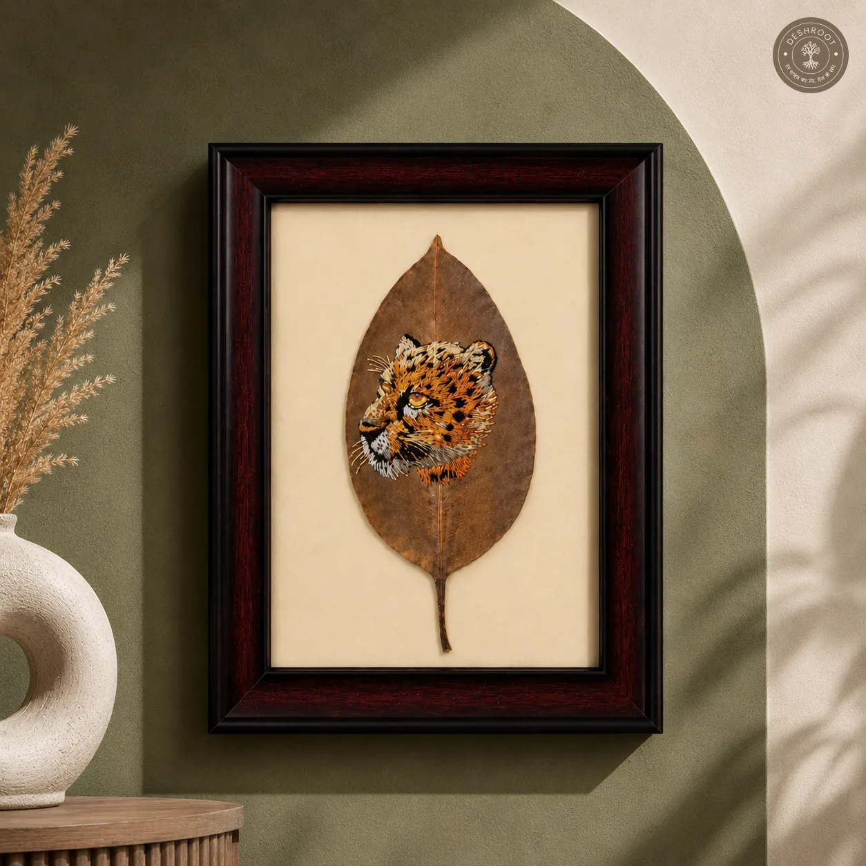 Handcrafted Leopard Embroidered Leaf Art Frame