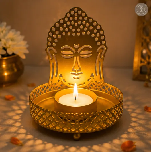 Golden Metal Buddha Shadow Diya Tea Light Candle Holder