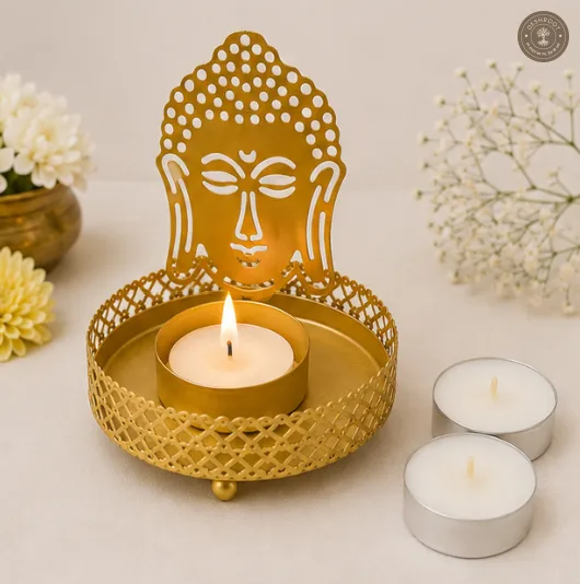 Golden Metal Buddha Shadow Diya Tea Light Candle Holder