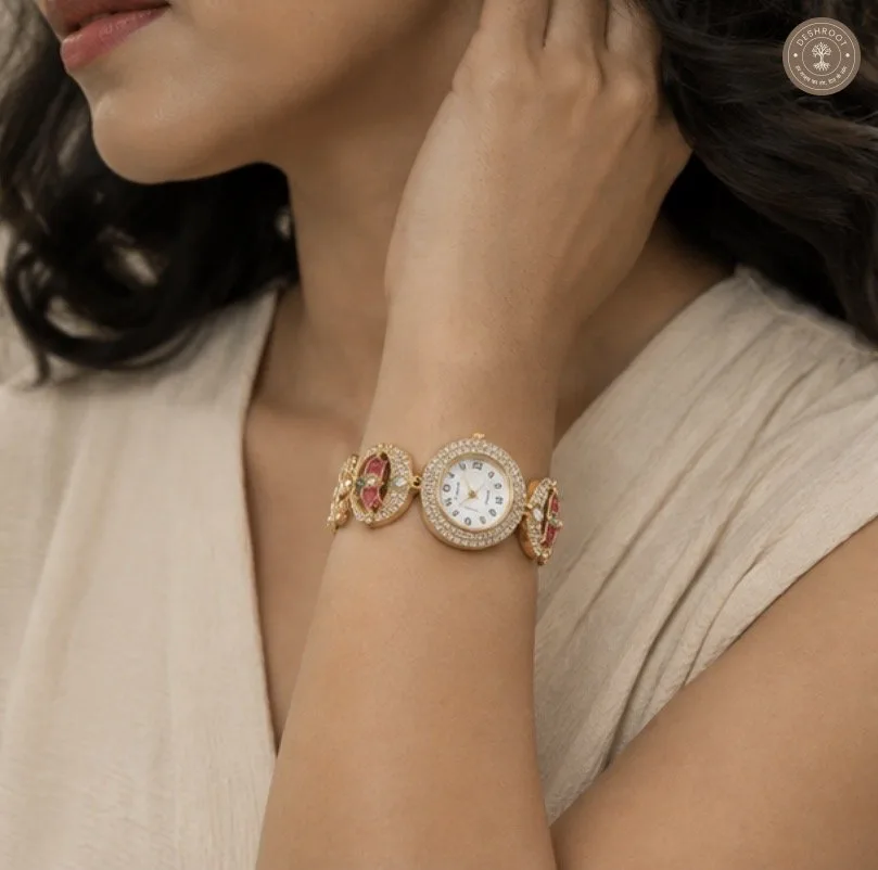 Royal Emerald Floral Kundan Watch