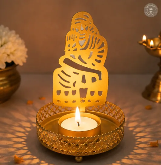 Golden Metal Sai Baba Shadow Diya Tea Light Candle Holders – Set of 2