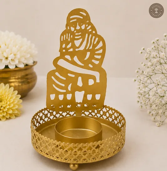 Golden Metal Sai Baba Shadow Diya Tea Light Candle Holders – Set of 2