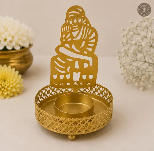 Golden Metal Sai Baba Shadow Diya Tea Light Candle Holders – Set of 2