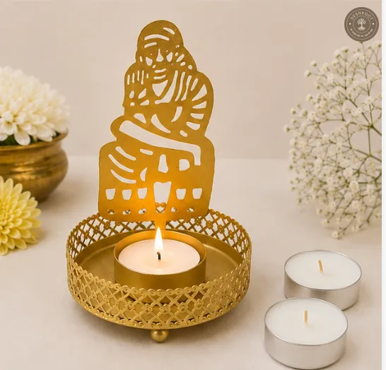 Golden Metal Sai Baba Shadow Diya Tea Light Candle Holders – Set of 2
